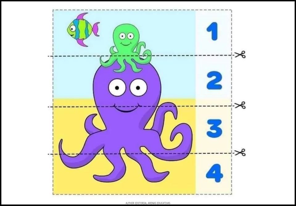 Purple octopus with a small green octopus and fish: students cut 4 numbered strips and sequence them to rebuild the scene