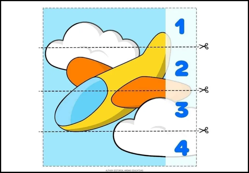 Yellow airplane among clouds puzzle: children cut out 4 numbered strips and arrange them in order to complete the plane