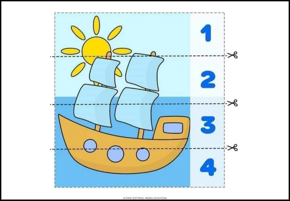 Sailing ship on the sea under a sun: students cut 4 strips on the dashed lines and paste them in order by number