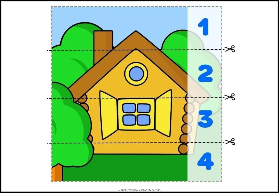 Log cabin with shutters and green trees puzzle: children cut 4 numbered strips, then line them up 1 to 4 to rebuild it
