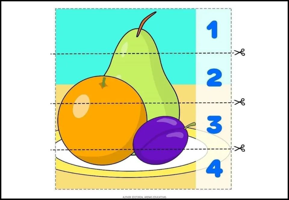 Pear, orange and plum on a plate puzzle: students cut 4 numbered strips and reorder them to rebuild the fruit picture