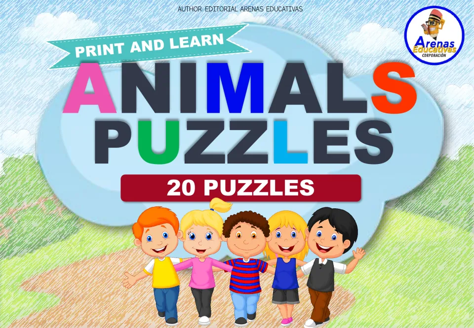Animal puzzle resource cover with the headings 'Print and Learn', 'Animals Puzzles', and '20 Puzzles'