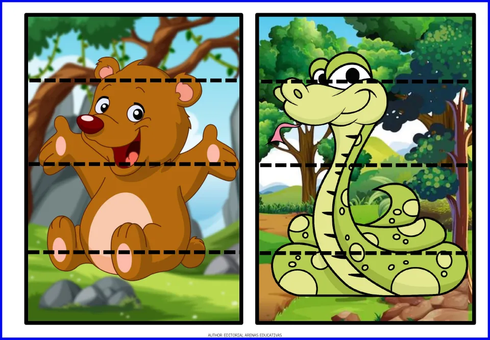 Animal cut-and-paste puzzles 1–2: a brown bear and a green snake, each divided into four picture pieces