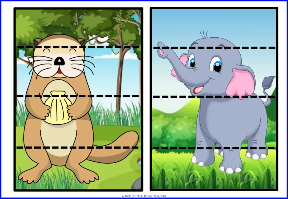 Animal cut-and-paste puzzles 3–4: an otter holding a shell and a gray elephant, each split into four pieces
