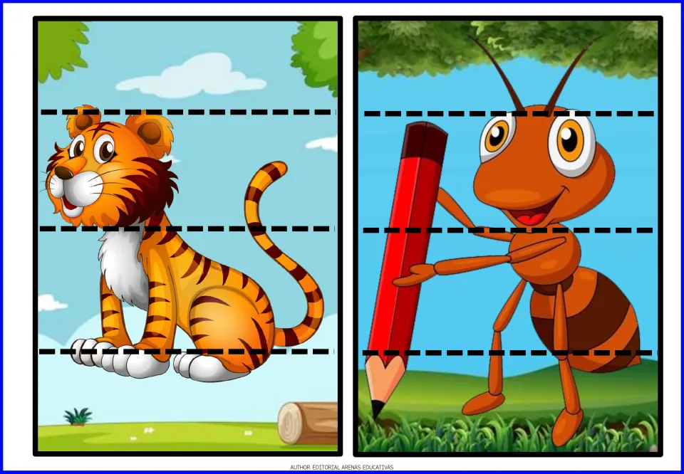 Animal cut-and-paste puzzles 5–6: a striped tiger and an ant holding a pencil, each split into four pieces