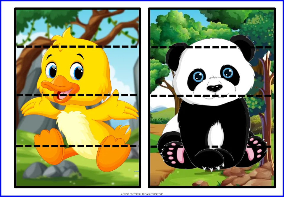 Animal cut-and-paste puzzles 7–8: a yellow duck and a black-and-white panda, each split into four pieces