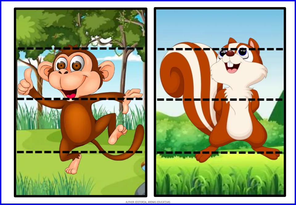 Animal cut-and-paste puzzles 9–10: a brown monkey and a squirrel with a bushy tail, each in four pieces