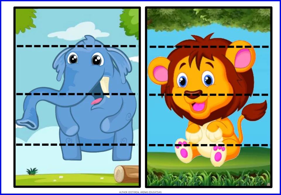 Animal cut-and-paste puzzles 11–12: a blue elephant and a seated lion, each divided into four pieces