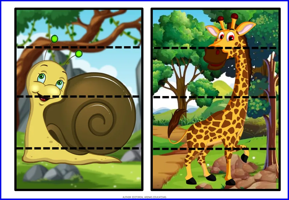 Animal cut-and-paste puzzles 13–14: a snail with a spiral shell and a giraffe, each split into four pieces