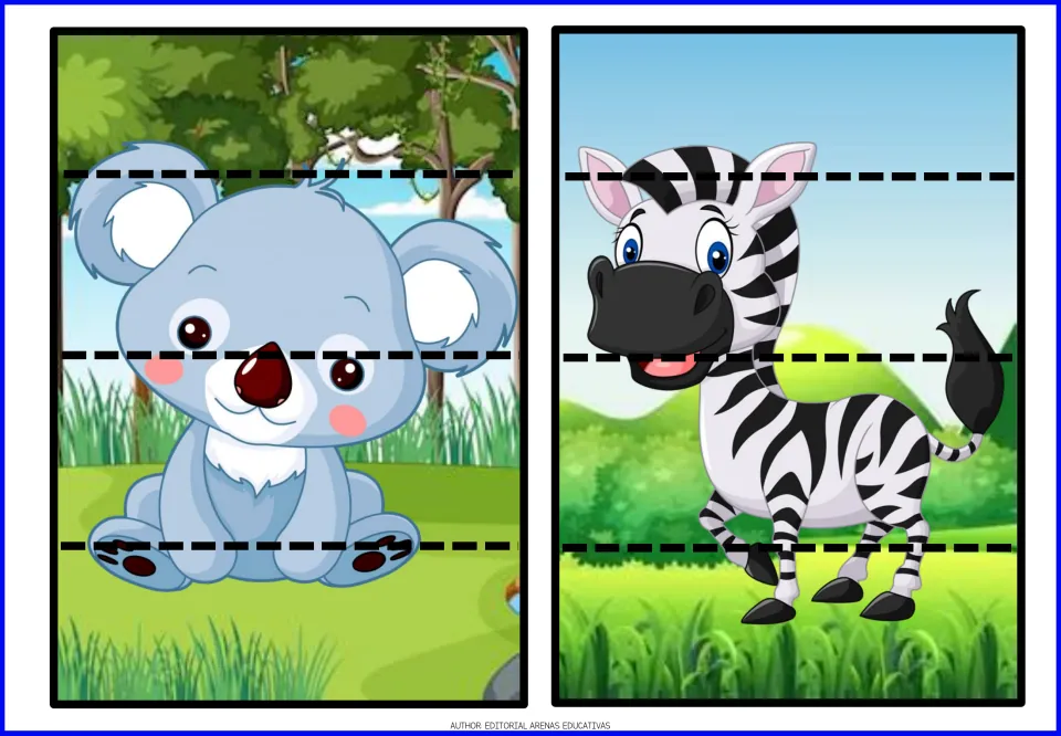 Animal cut-and-paste puzzles 15–16: a seated koala and a striped zebra, each divided into four pieces