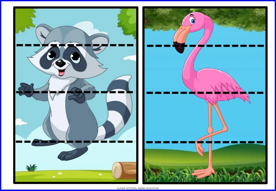 Animal cut-and-paste puzzles 17–18: a gray raccoon and a pink flamingo, each divided into four pieces