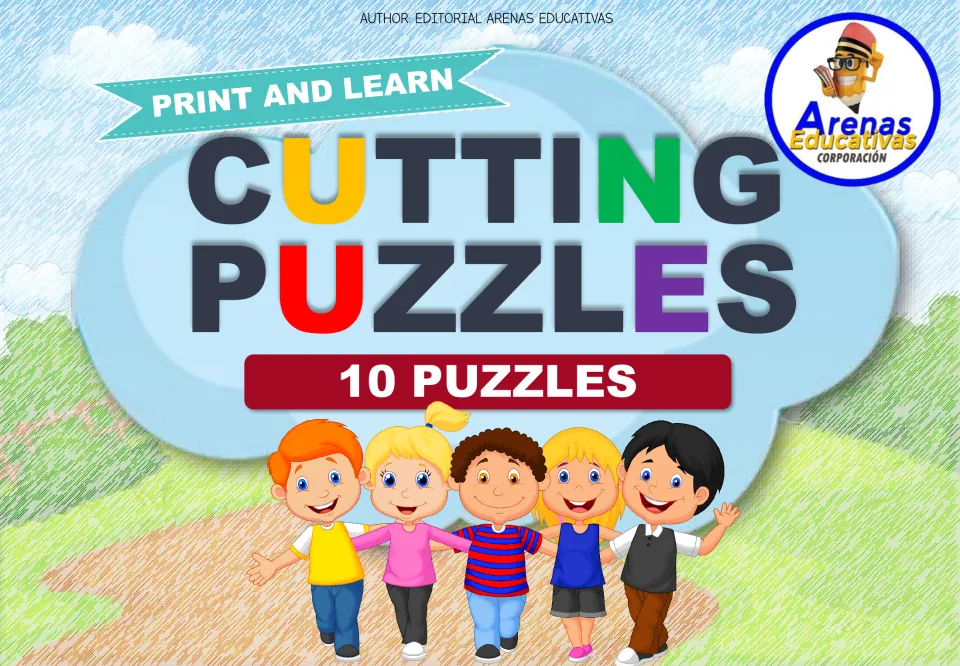 Cover of the animal cutting puzzle set, labeled 'Print and Learn,' 'Cutting Puzzles,' and '10 Puzzles'