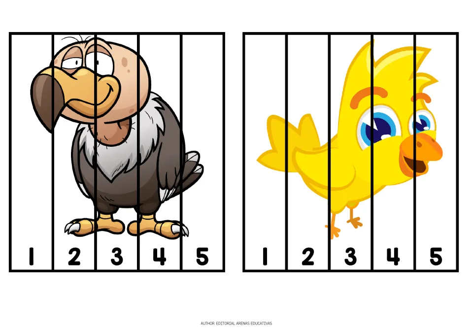 Animal cutting puzzles 1–2 of 10: a vulture and a yellow bird, each split into five pieces numbered 1–5
