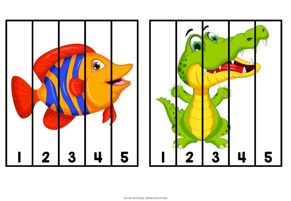 Animal cutting puzzles 3–4 of 10: a colorful fish and a crocodile, each in five pieces numbered 1–5