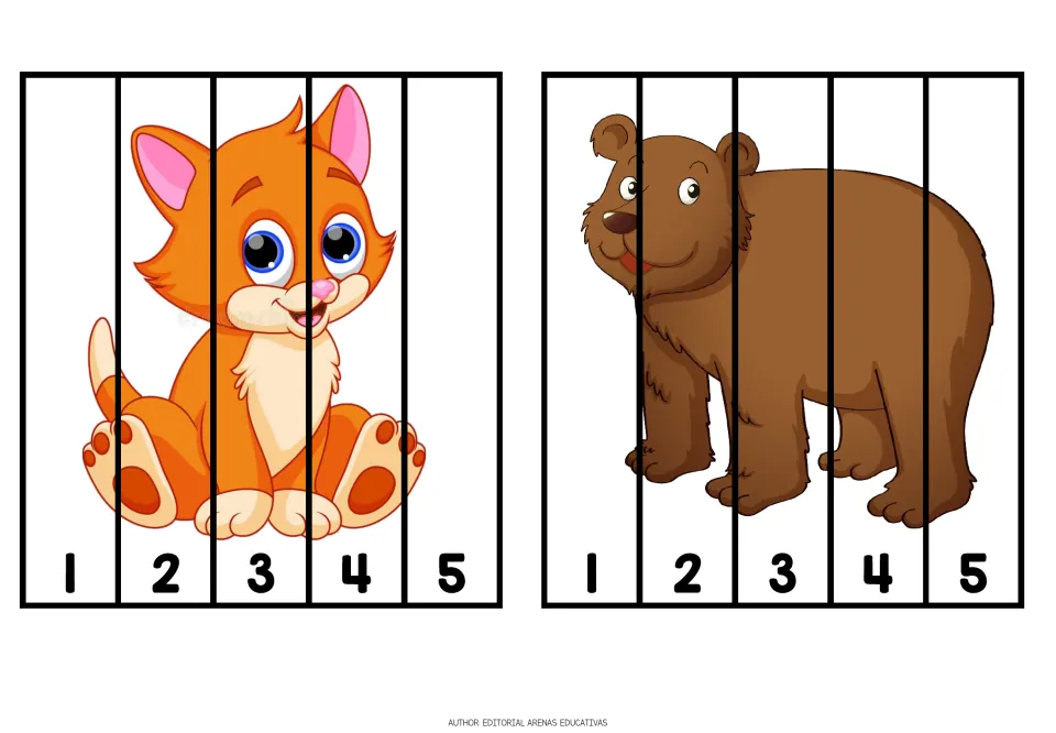 Animal cutting puzzles 5–6 of 10: an orange kitten and a brown bear, each in five pieces numbered 1–5