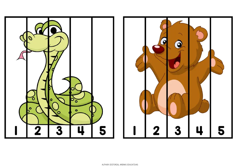 Animal cutting puzzles 7–8 of 10: a green snake and a seated bear, each in five pieces numbered 1–5