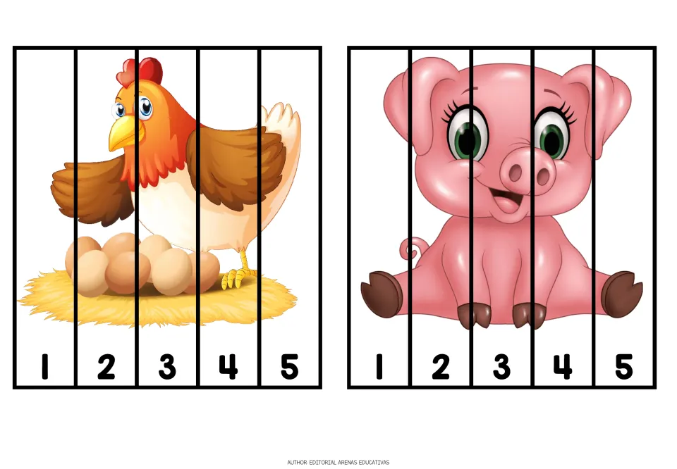 Animal cutting puzzles 9–10 of 10: a hen beside eggs and a pink pig, each in five pieces numbered 1–5