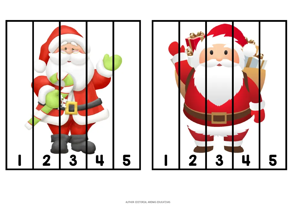 Christmas cutting puzzles 1–2: two Santa pictures, each divided into five pieces numbered 1 through 5