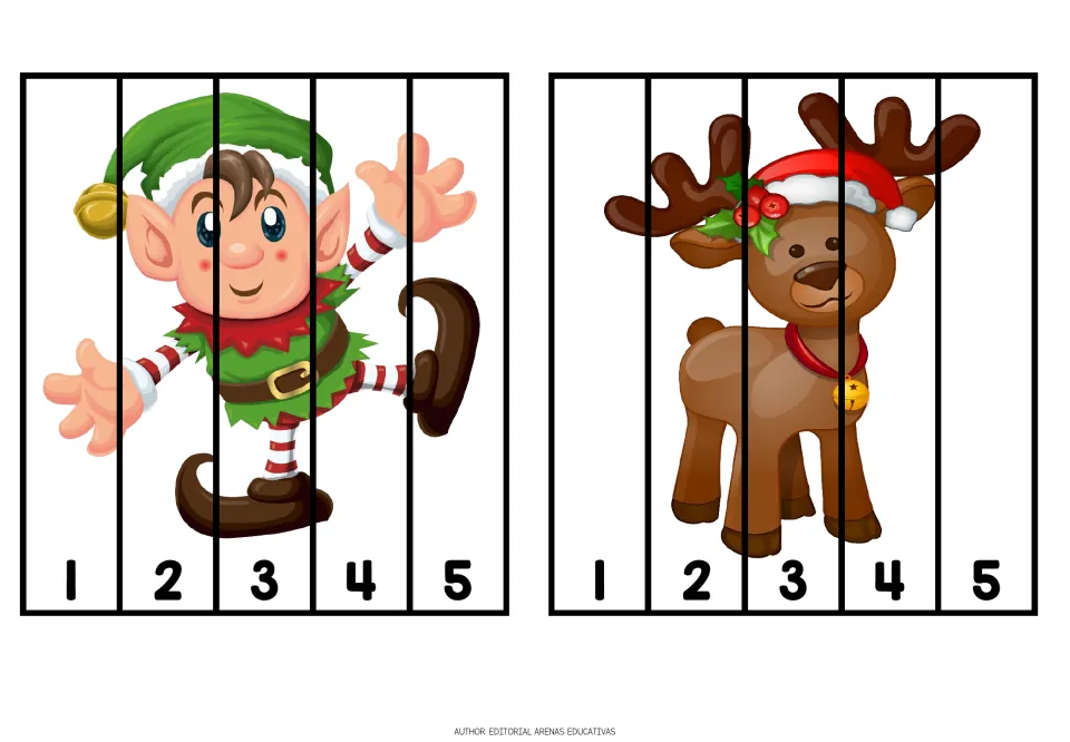 Christmas cutting puzzles 3–4: an elf and a reindeer, each divided into five pieces numbered 1 through 5