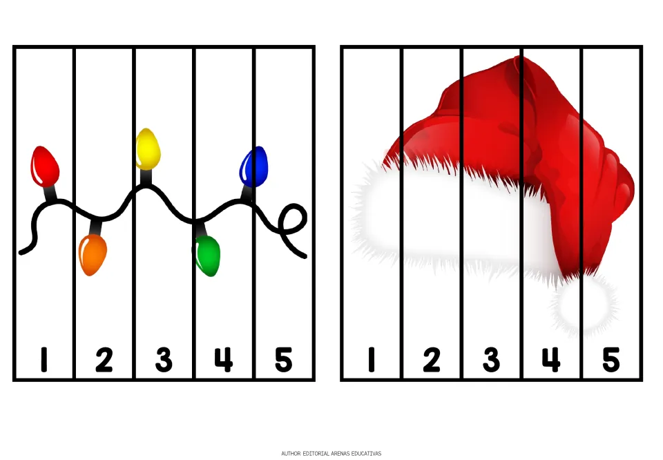 Christmas cutting puzzles 5–6: lights and a Santa hat, each divided into five pieces numbered 1 through 5