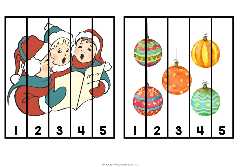 Christmas cutting puzzles 7–8: carolers and ornaments, each divided into five pieces numbered 1 through 5