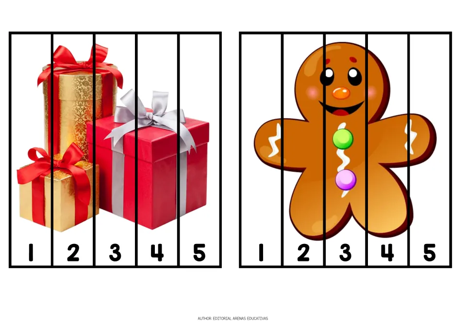 Christmas cutting puzzles 9–10: gifts and a gingerbread man, each divided into five pieces numbered 1–5