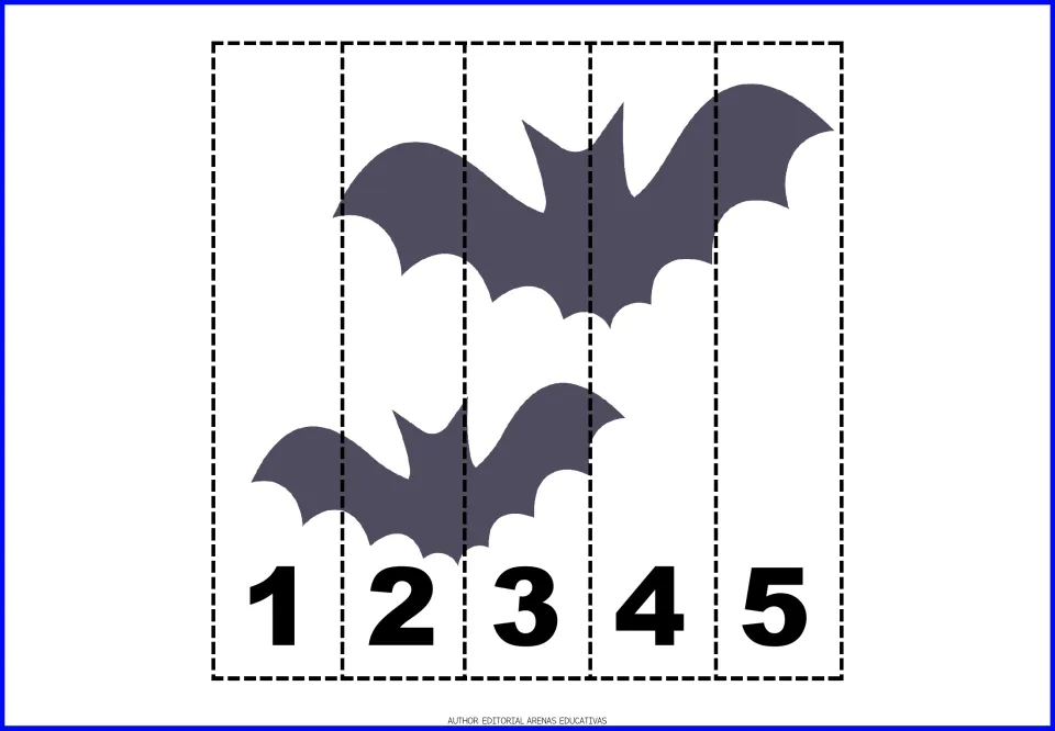 Two-bat number puzzle in the Halloween resource, split into five pieces labeled 1–5 for number practice