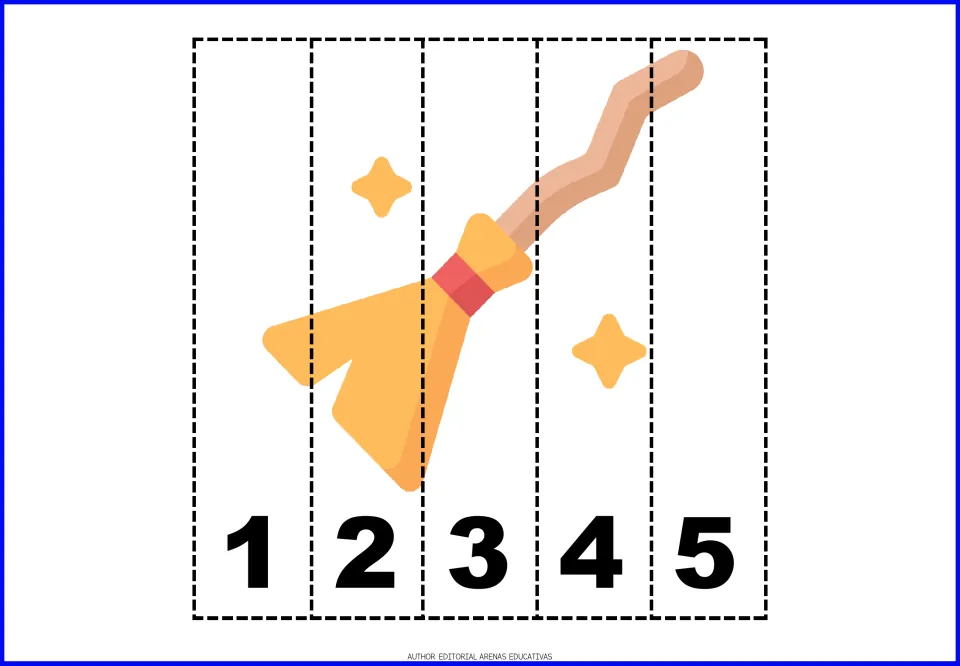 Broom number puzzle in the Halloween resource, split into five pieces labeled 1–5 for number practice