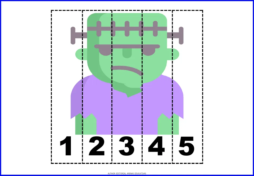 Green monster number puzzle in the Halloween resource, split into five pieces labeled 1–5 for number practice
