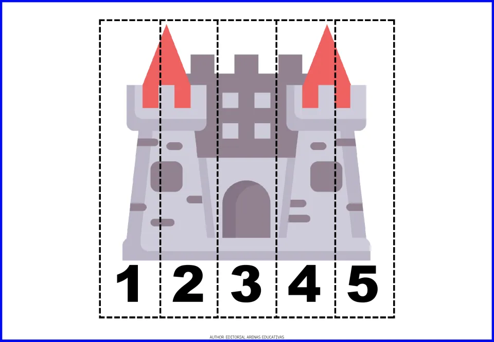 Castle number puzzle in the Halloween resource, split into five pieces labeled 1–5 for number practice