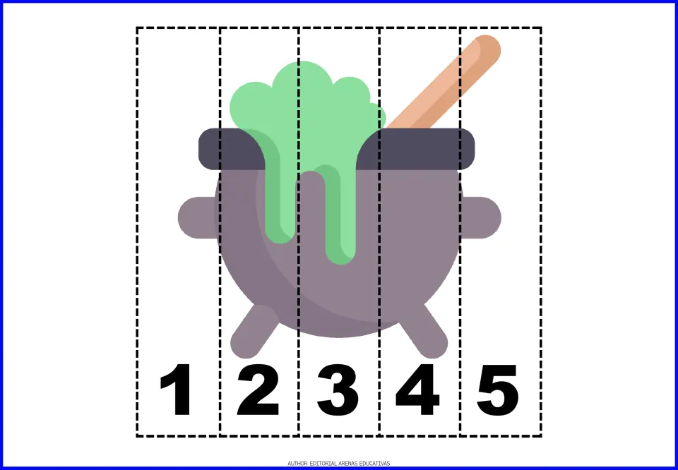 Cauldron number puzzle in the Halloween resource, split into five pieces labeled 1–5 for number practice