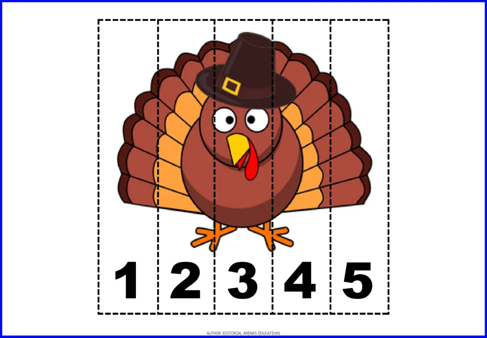 Thanksgiving number puzzle 1: a turkey wearing a brown buckle hat, in five pieces numbered 1 through 5