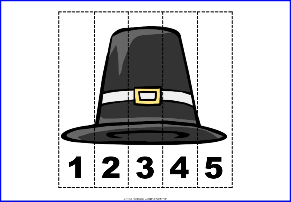 Thanksgiving number puzzle 2: a black pilgrim hat with a gold buckle, in five pieces numbered 1 through 5