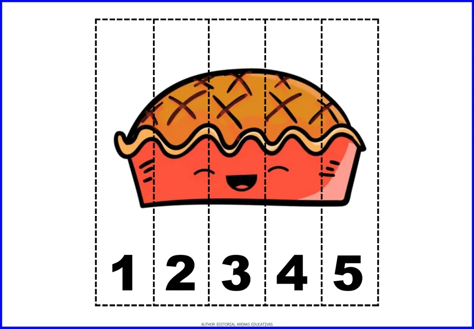 Thanksgiving number puzzle 3: a smiling pie with an orange crust, in five pieces numbered 1 through 5