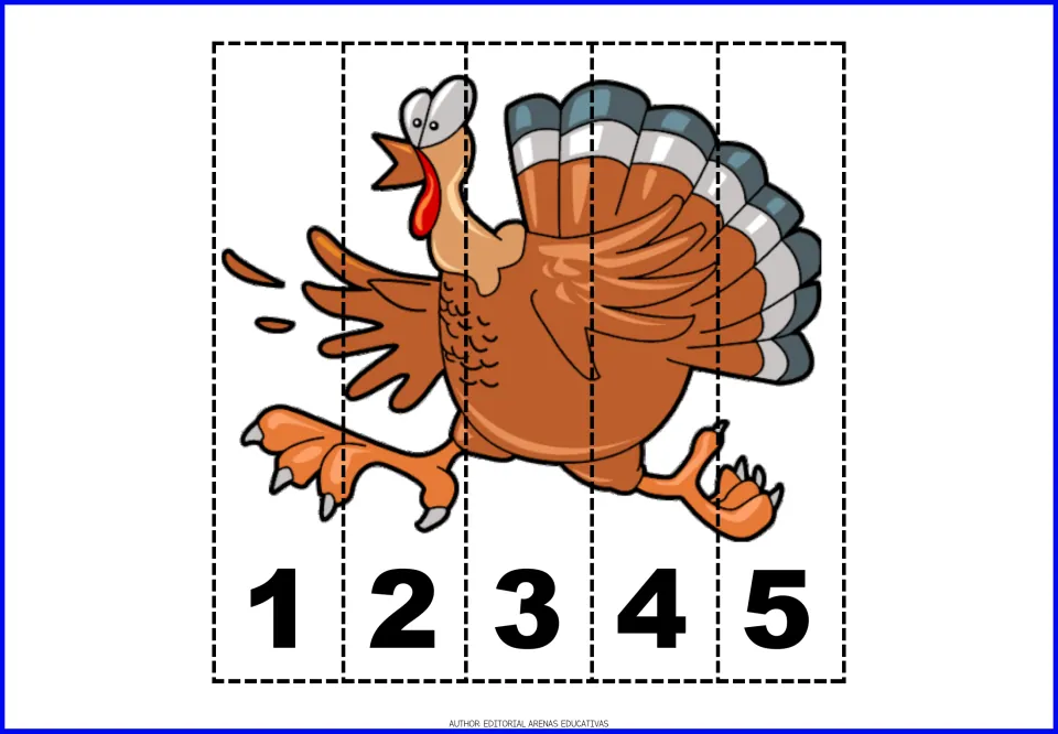 Thanksgiving number puzzle 4: a running turkey with its wings spread, in five pieces numbered 1 through 5
