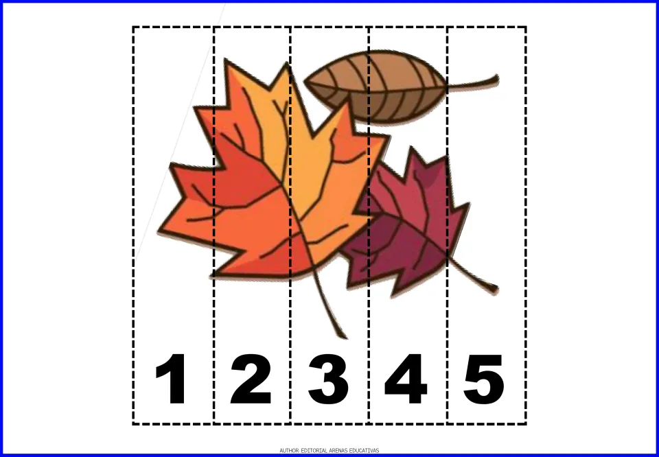 Thanksgiving number puzzle 5: three fall leaves in orange, brown, and red, in pieces numbered 1 through 5