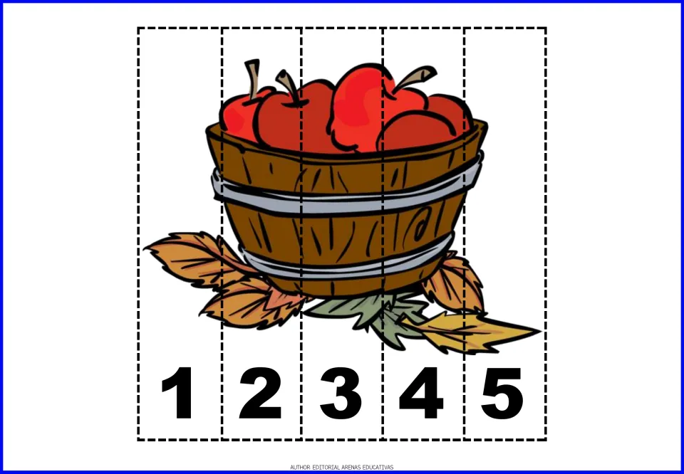 Thanksgiving number puzzle 6: a basket of red apples surrounded by leaves, in pieces numbered 1 through 5