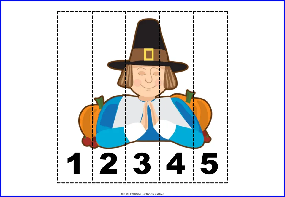 Thanksgiving number puzzle 7: a pilgrim with hands together beside pumpkins, in pieces numbered 1 through 5