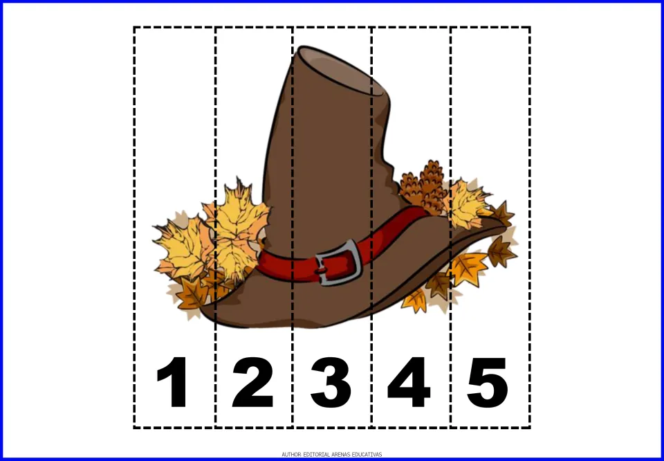 Thanksgiving number puzzle 8: a brown pilgrim hat surrounded by fall leaves, in pieces numbered 1 through 5