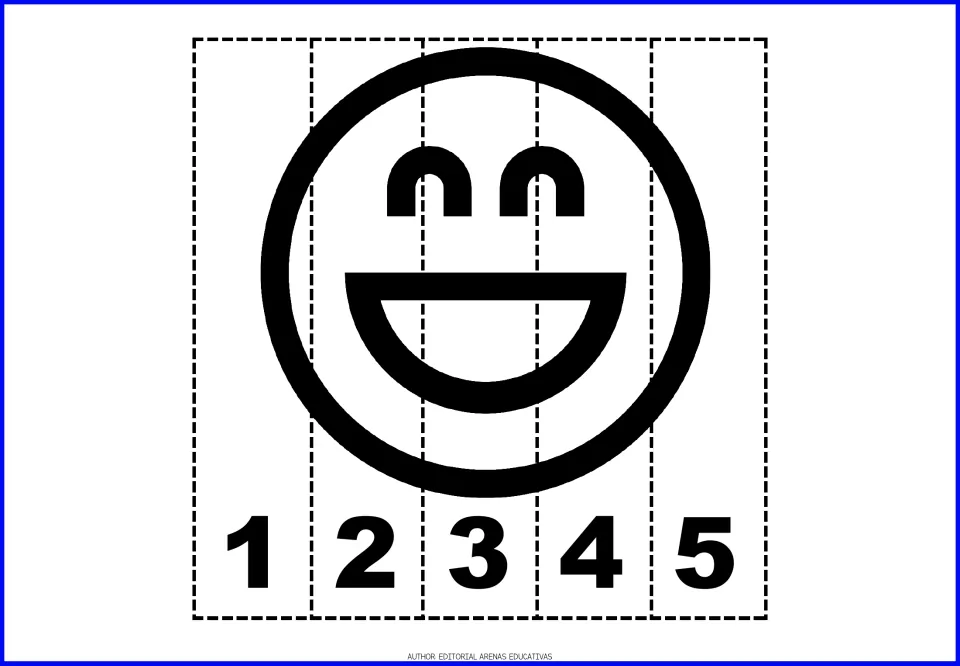 Emotion-face number puzzle 3: a smiling face with curved, closed eyes on five pieces numbered 1 through 5
