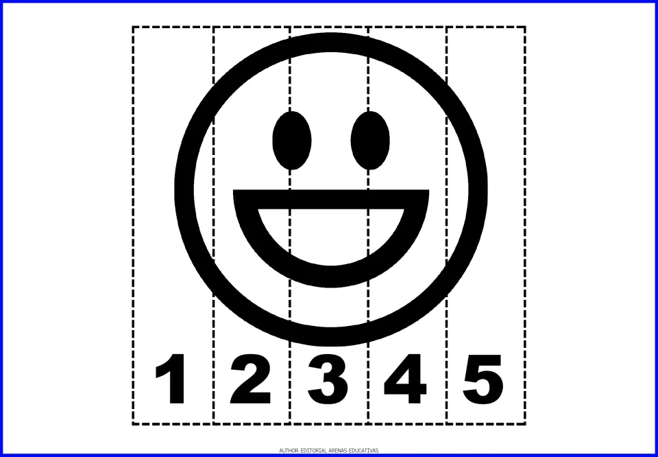 Emotion-face number puzzle 4: a happy face with oval eyes and an open smile on five pieces numbered 1–5