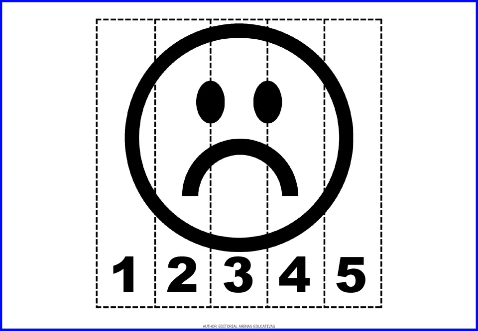 Emotion-face number puzzle 6: a sad face with oval eyes and a downturned mouth on pieces numbered 1–5