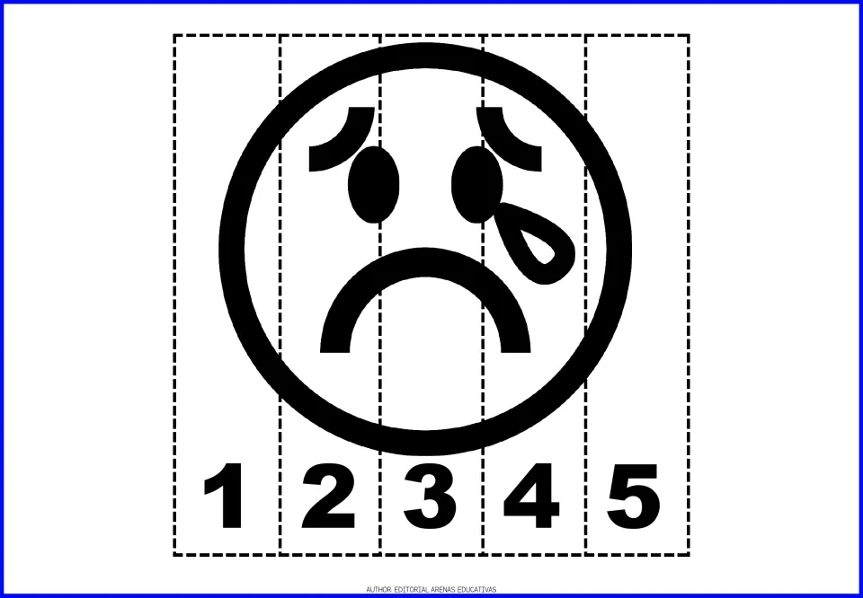 Emotion-face number puzzle 7: a crying face with a tear, raised eyebrows, and a frown on pieces numbered 1–5