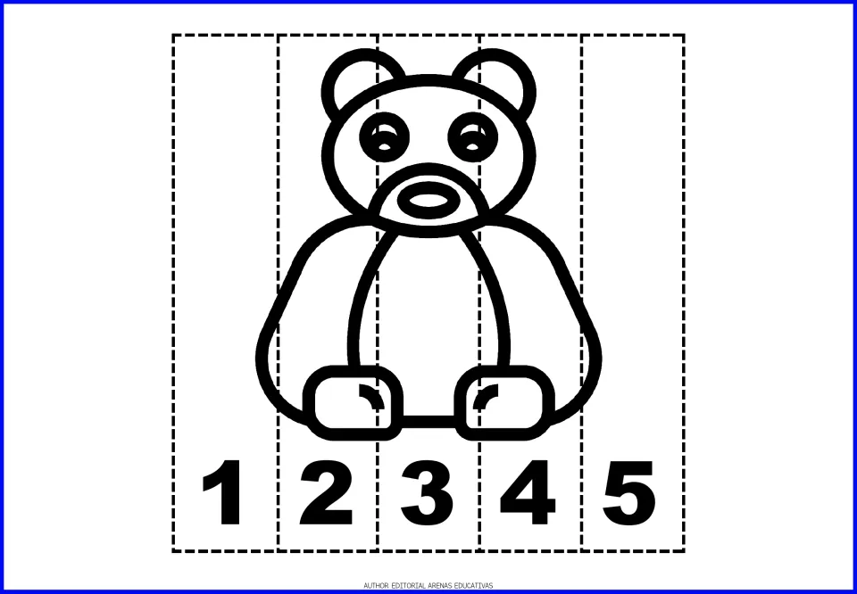 Teddy bear number puzzle: students color the bear, cut it into five strips and rebuild it by ordering the numbers 1 to 5