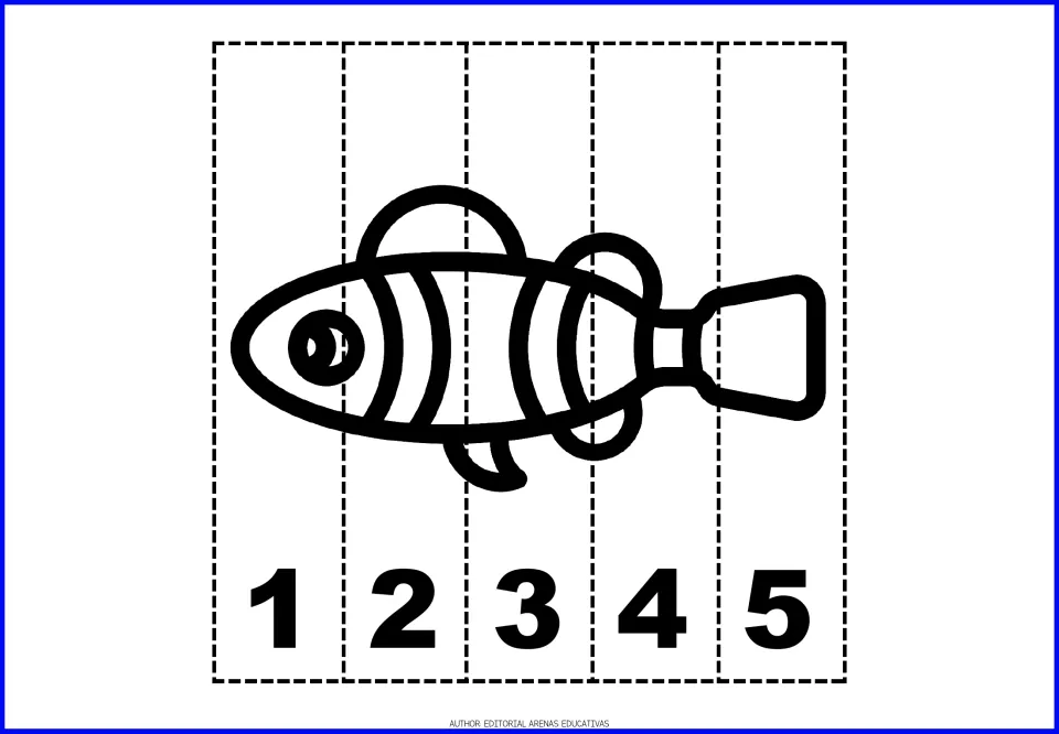 Clownfish number puzzle: color the striped fish, then cut apart five strips and put them back in 1 to 5 counting order