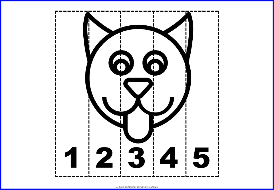 Puppy face number puzzle: students color the dog with its tongue out and rebuild the picture by sequencing strips 1 to 5