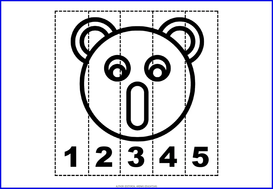 Koala face number puzzle: color the round-eared koala, cut five numbered strips and reassemble them in order from 1 to 5