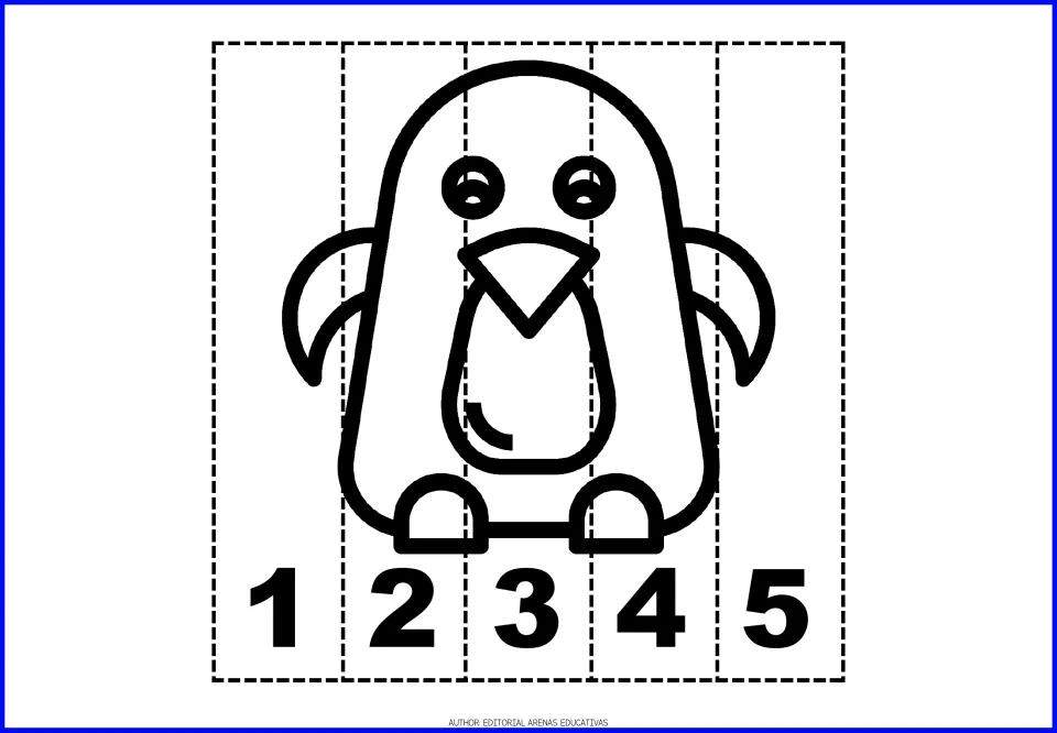 Penguin number puzzle: students color the penguin and piece its five cut strips back together by ordering numerals 1 to 5