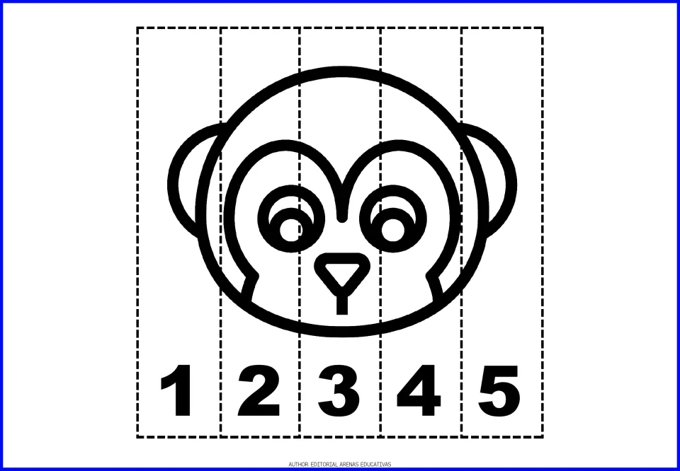 Monkey face number puzzle: color the monkey, then cut and rearrange five strips so the numbers read 1, 2, 3, 4, 5