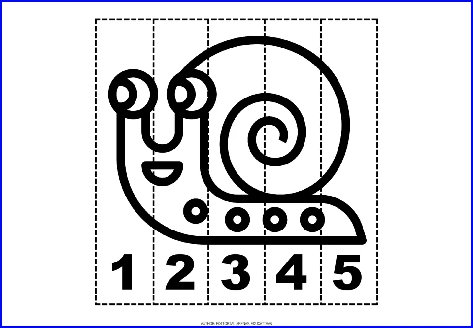 Snail number puzzle: students color the spiral-shelled snail, cut five strips and sequence numbers 1 to 5 to rebuild it